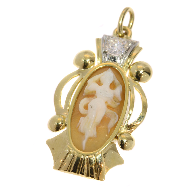 Retro gold and diamond carved shell cameo dancing woman pendant (ca. 1950)